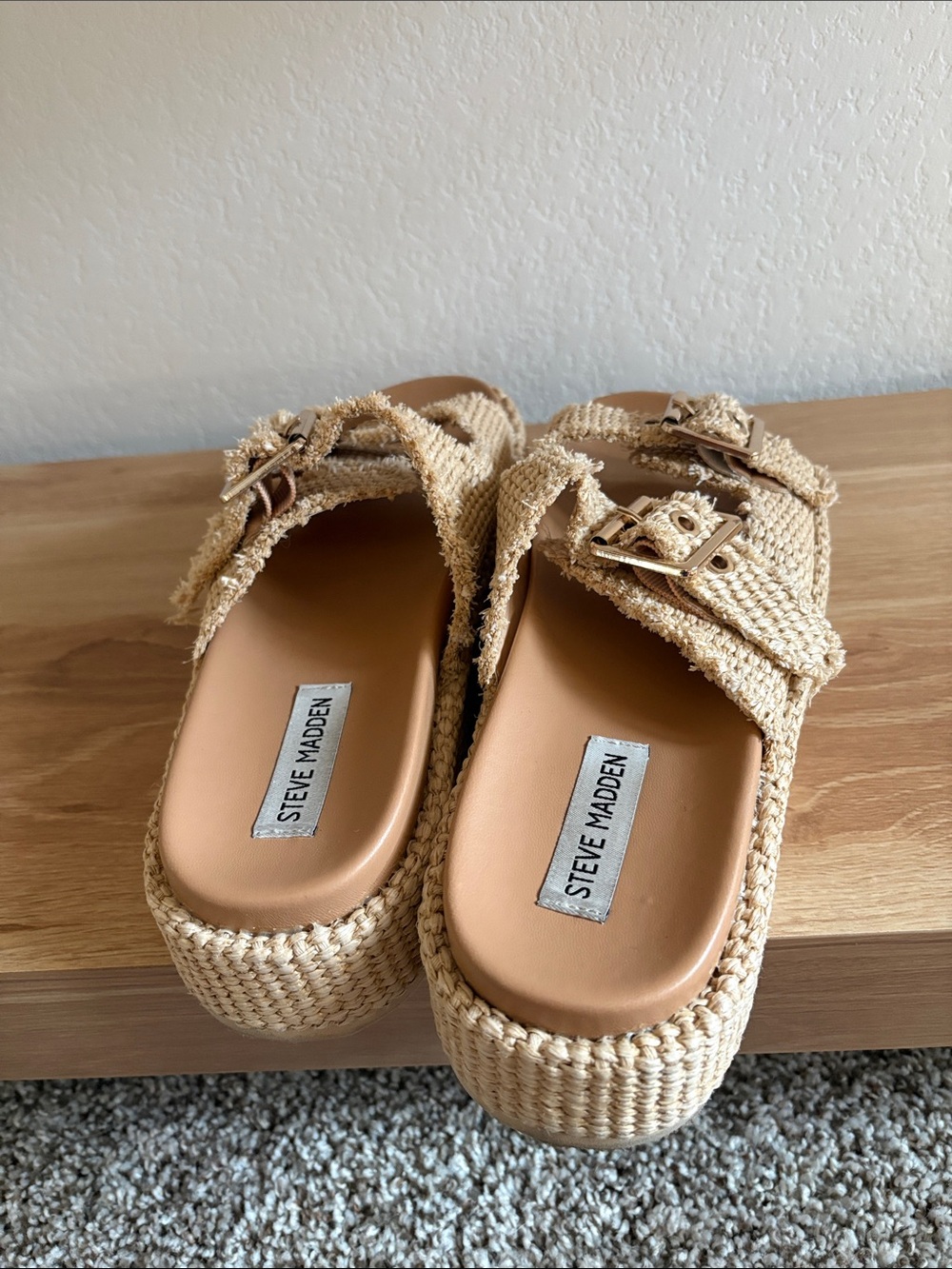 Steve Madden Natural Woven Dual Buckle Platform Slides - Picture 2 of 5